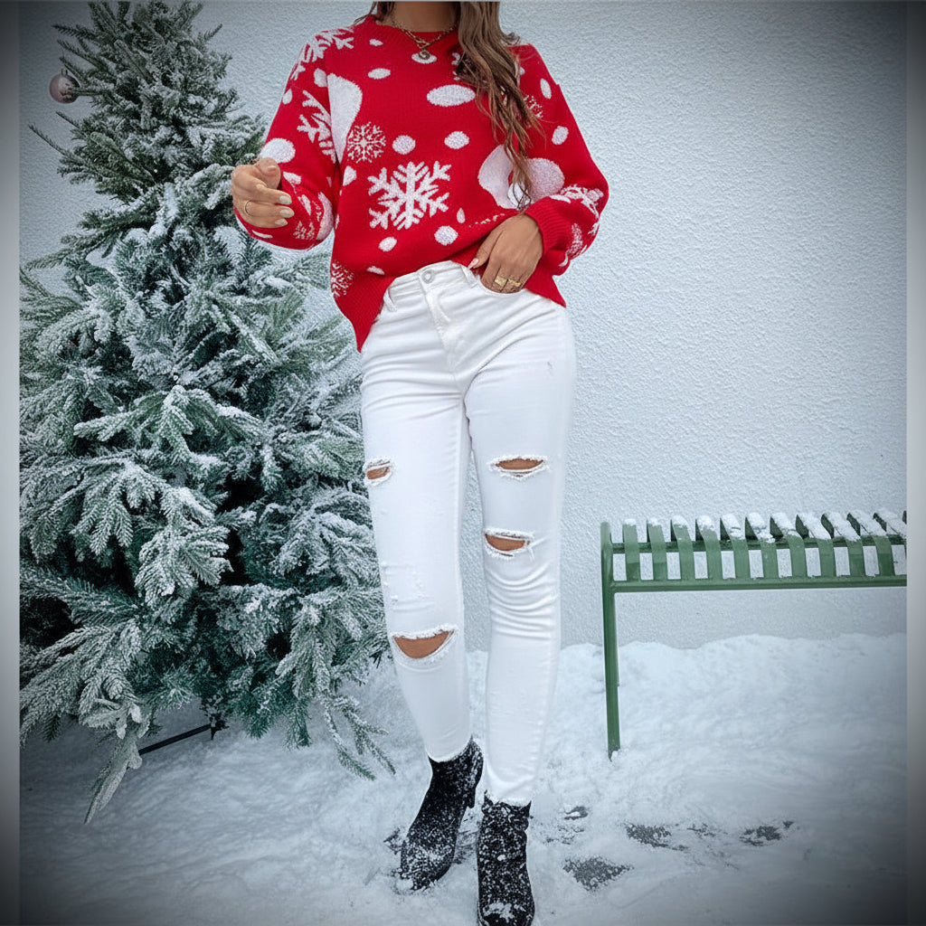 Autumn And Winter New Amazon Christmas Snowflake Sweater Pullover Sweater Jacquard Round Neck Sweater Female Factory Direct Supply