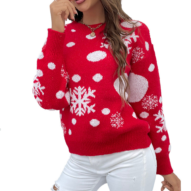 Autumn And Winter New Amazon Christmas Snowflake Sweater Pullover Sweater Jacquard Round Neck Sweater Female Factory Direct Supply