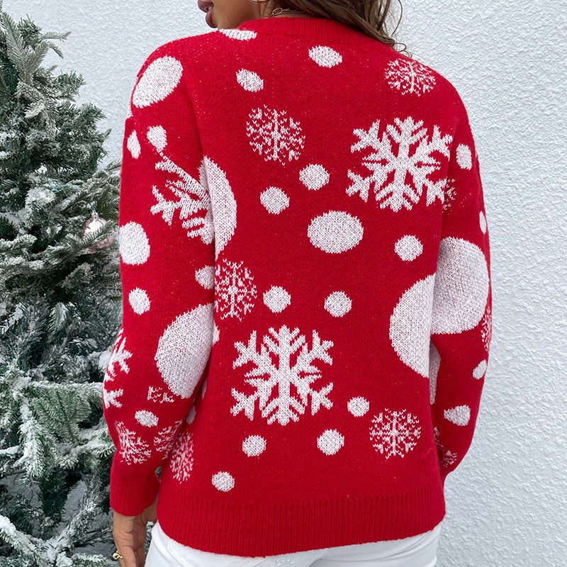 Autumn And Winter New Amazon Christmas Snowflake Sweater Pullover Sweater Jacquard Round Neck Sweater Female Factory Direct Supply